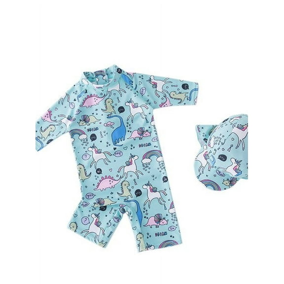 Kid Boys Chic Unicorn and Dinosaur Printed One-Piece Rash Guard with Sun Hat 2pcs Swimsuit Pool Beach Bathing Suit