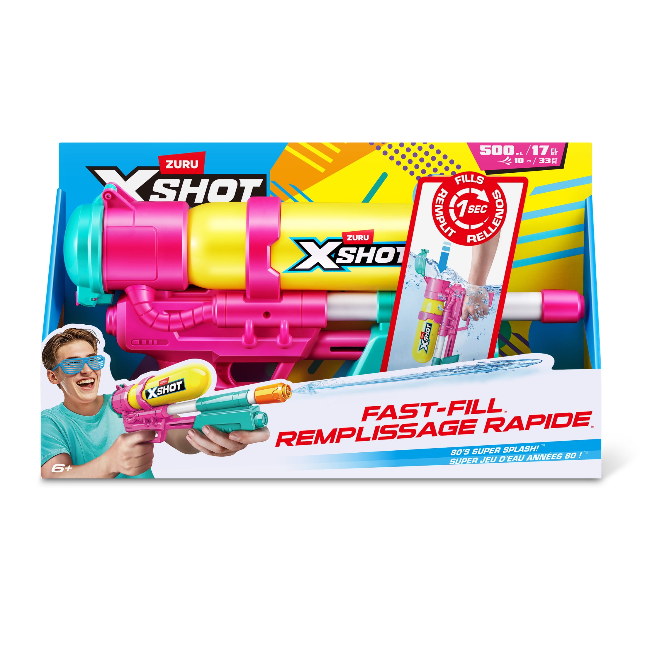 XSHOT Water Fast Fill (33ft & 750ml) 80s Super Splash Yellow Outdoor Water Blaster by ZURU Ages 6+