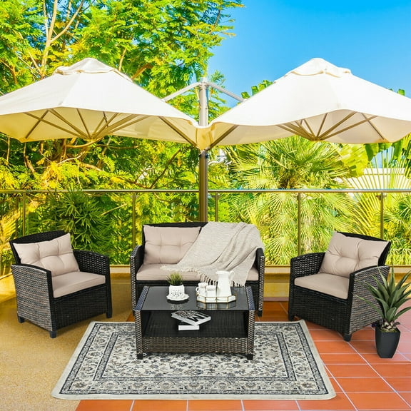 Gymax 4pcs Patio Rattan Conversation Set Cushioned Outdoor Furniture Set