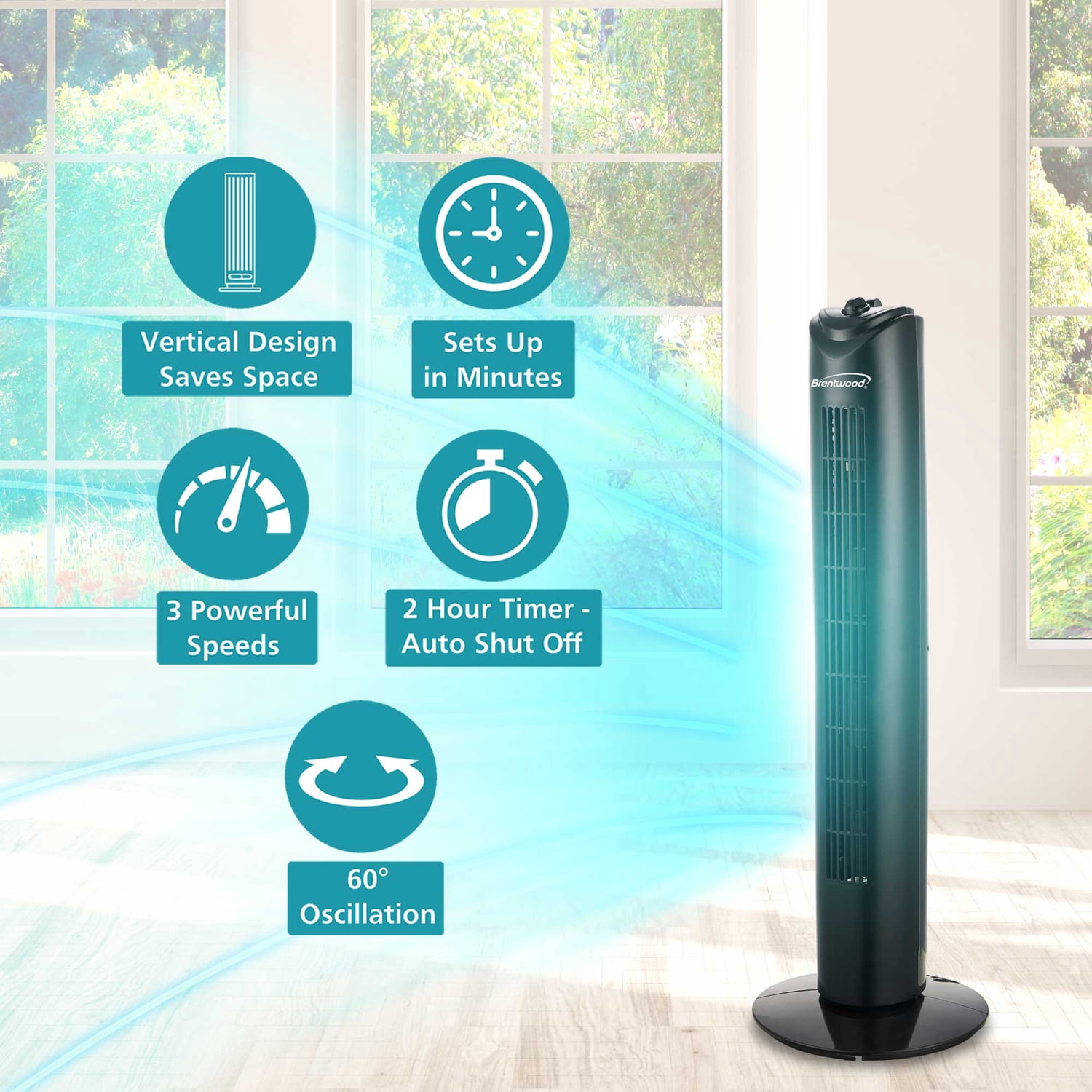 Brentwood 32-In. 3-Speed Portable Oscillating Tower Fan with Timer, F-32T (Black), F-32TBK