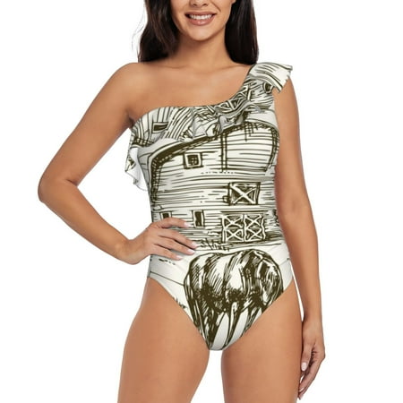 Sikiie Horses Grazing On Meadow Print Women One Piece Swimsuits Tummy Control One Shoulder Bathing Suits Ruffle Swimwear  From S to XXL-X-Large