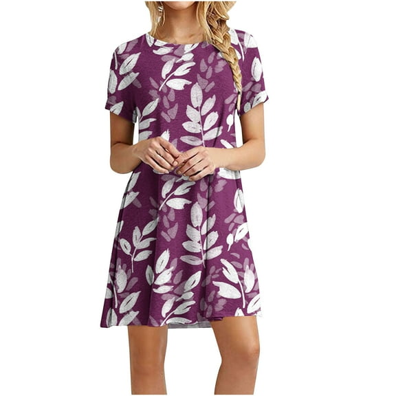 Dianli Summer Dresses for Women Crewneck Short Sleeve Mini Floral Print Summer Dresses Casual Loose T-Shirt Pleated Beach Dress Purple m