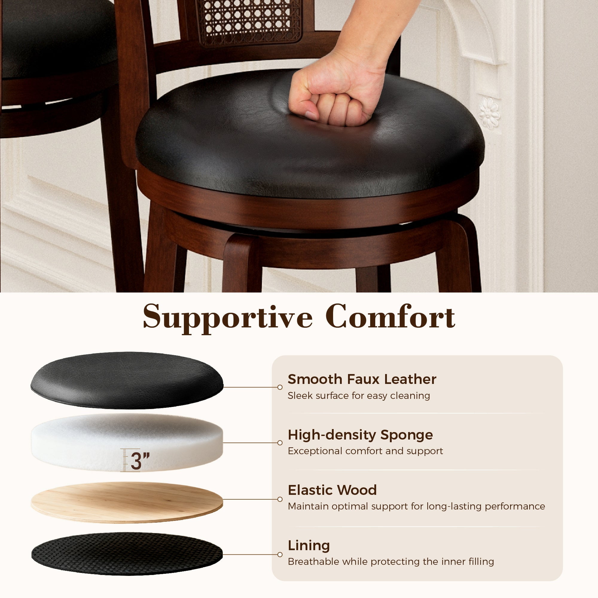 SUMMIT LIVING Wood Swivel Bar Stool Set of 2, Bar Height Kitchen Stool with Back, 30 inch Upholstered Pub Chair, Dark Brown