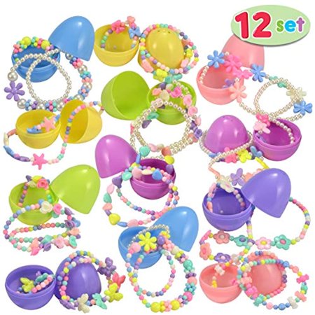 TOYIFY 12 Pre-Filled Easter Eggs with 12 Different Designs of Necklaces and 12 Bracelets Girls Jewelry Set Easter Basket Stuffer Prefilled Easter Egg for Girls