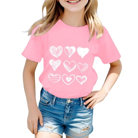 Likimi Kids Child Girls Boys Tops Hearts Print Crew Neck Short Sleeved Breathable Shirts Pink Size 1-2 Years