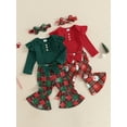 thumbnail image 3 of Baby Toddler Girl Christmas Outfit, 0 3 6 12 18 Months Ruffle Long Sleeve Ribbed Romper Santa Claus Print Plaid Flare Pants Headband 3 Piece Clothing Set, 3 of 9