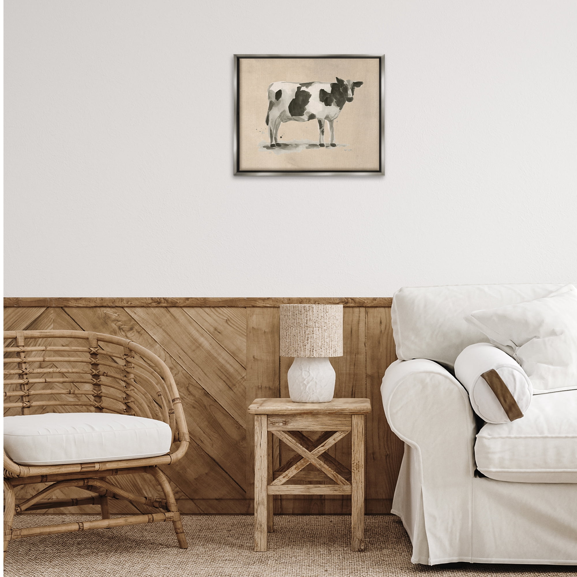 Stupell Industries Traditional Cow on Beige Animals & Insects Painting Gray Floater Framed Canvas Art Print Wall Art, 21 x 17