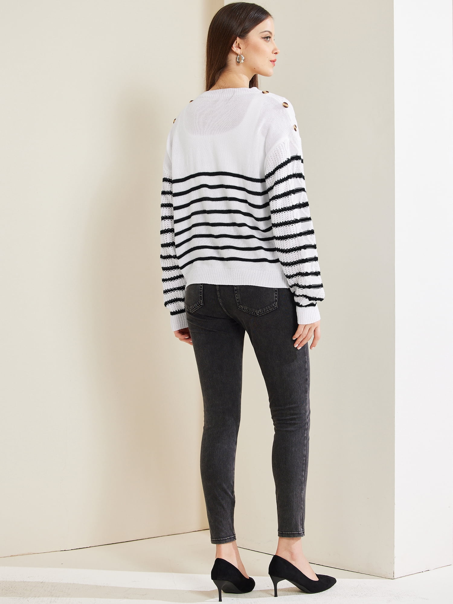 DARING DIVA Striped Pullover Crewneck Knitted Sweater S White
