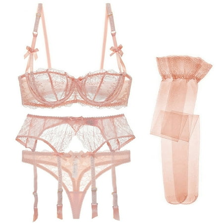 

Varsbaby Women s Demi Cup Bra Thongs Garters Stocking Lingerie Set