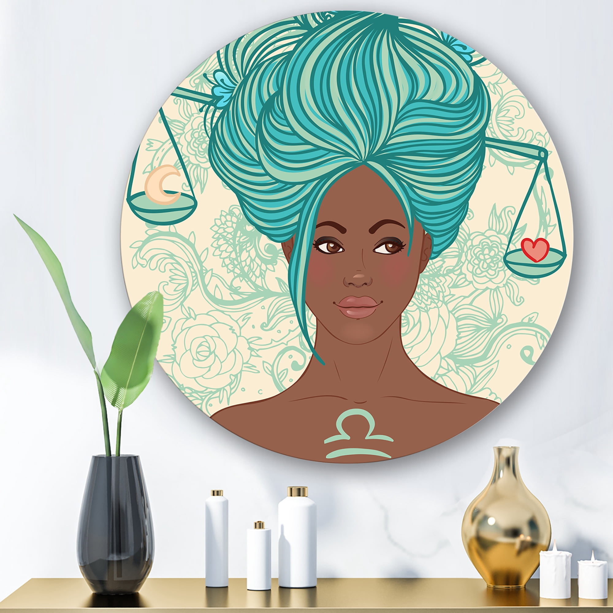 Designart 'Portrait of African American Woman With Blue Hair I' Modern Circle Metal Wall Art 23x23 - Disc of 23