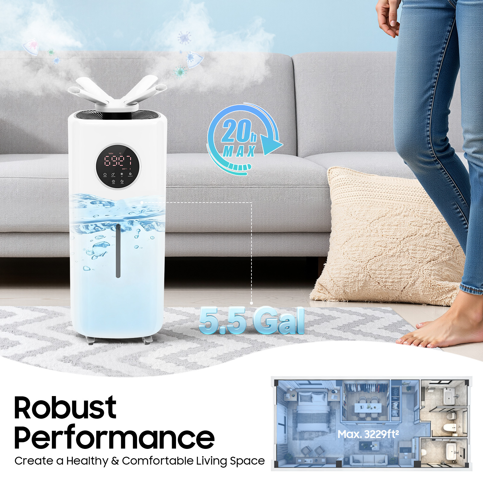 Peakora 5.5gal Commercial Humidifier 360° Rotatable Large Whole-House Style Humidifier with 3 Speed Quiet & Four-Way Nozzle Suitable for Places with an Area of 645.83-3229.17ft²