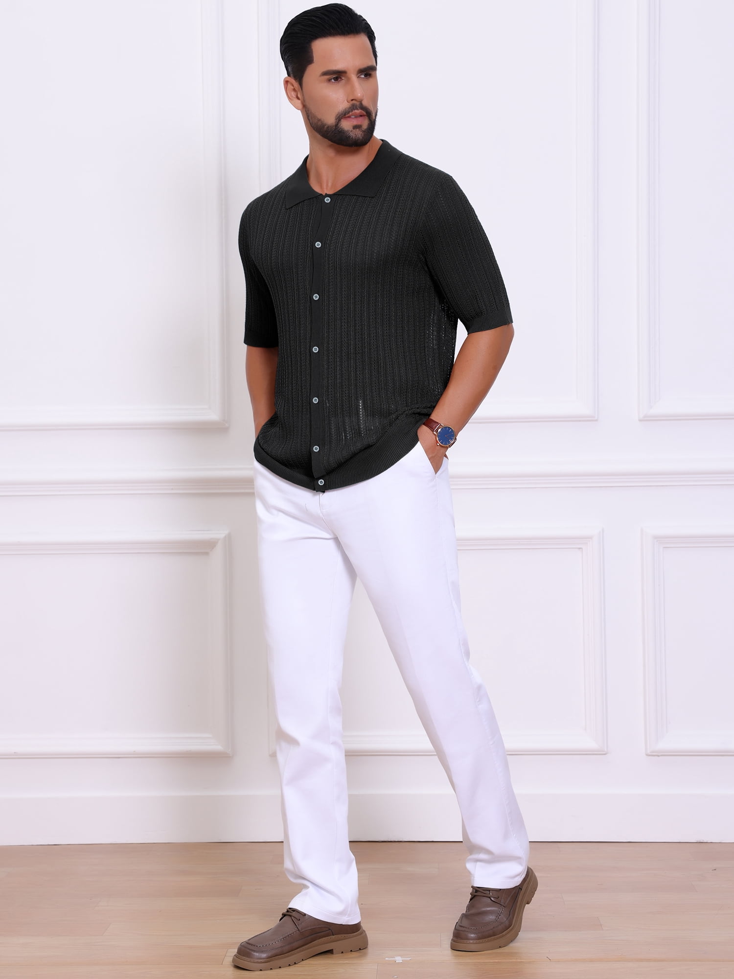 DARING DIVA Men's Striped Summer Short Sleeve Knitted See Through Shirts S Black