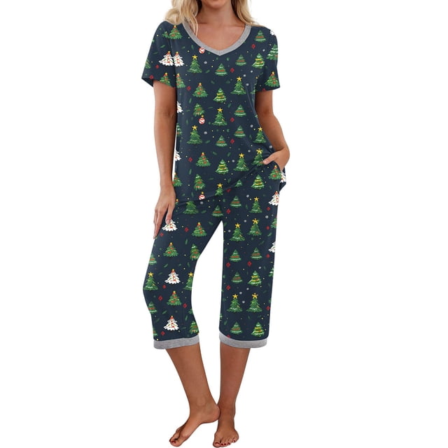 Puntoco Conjunto de pijama cómodo para mujer Conjunto de pijama y pantalón de manga corta con cuello en V para mujer Conjunto de pijama informal con bolsillos