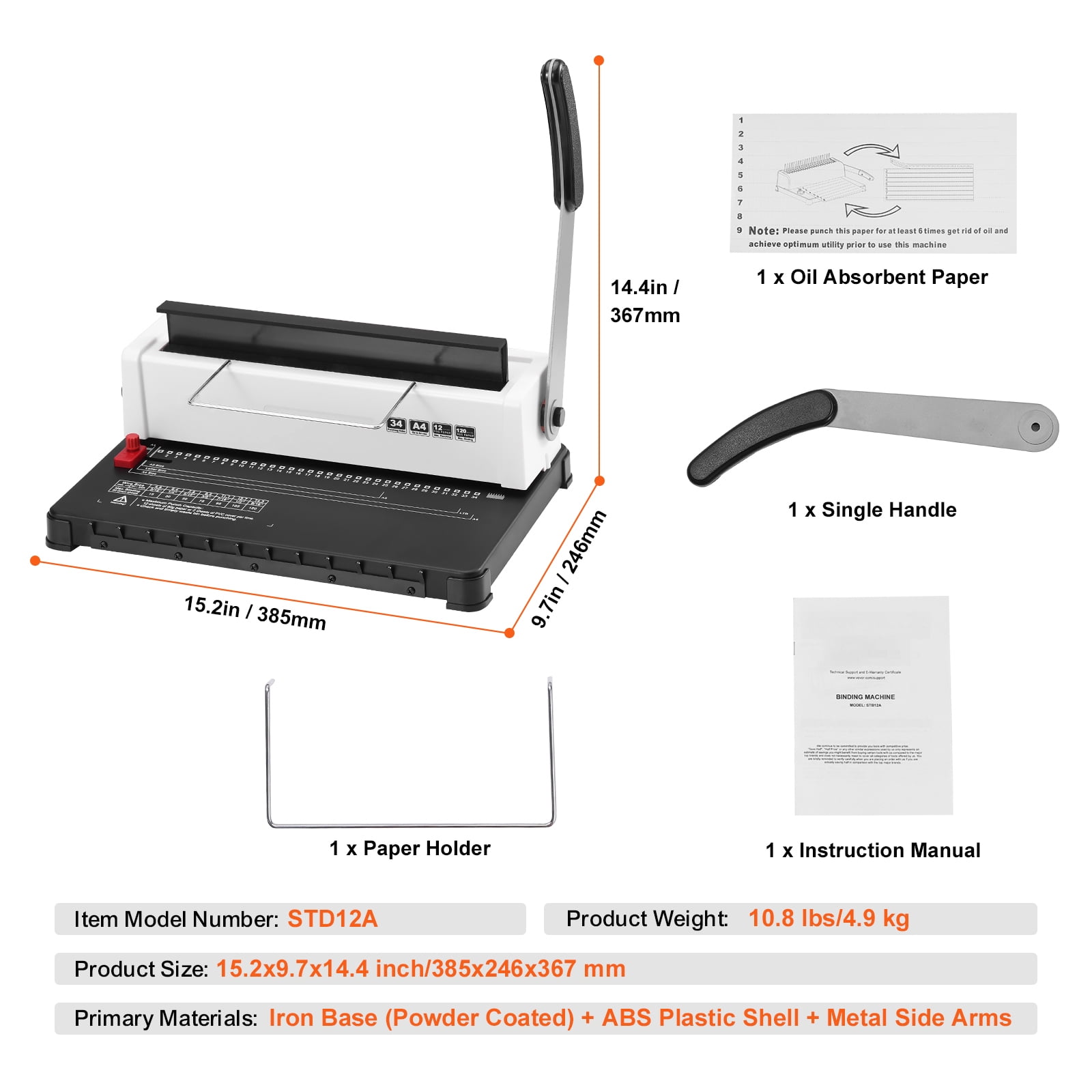 KFFKFF Manual Coil Binding Machine, 34-Hole Spiral Book Binder, 120 Sheet Capacity, Adjustable 3/16'-9/16' Spine, Compatible with Letter, A4, A5 Sizes