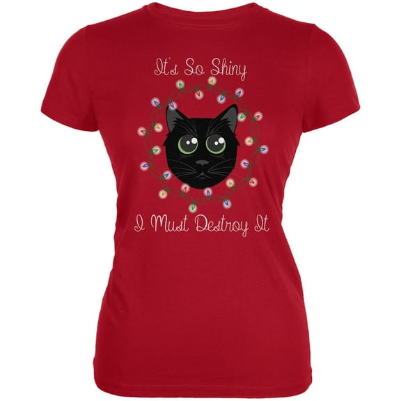 Christmas Lights Its So Shiny Cat Red Juniors Soft T-Shirt