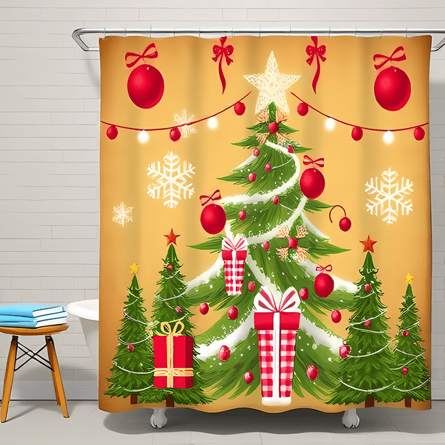 Whimsical Christmas Shower Curtain with Decorated Tree Snowflakes & Twinkling Lights - Festive Holiday Decor