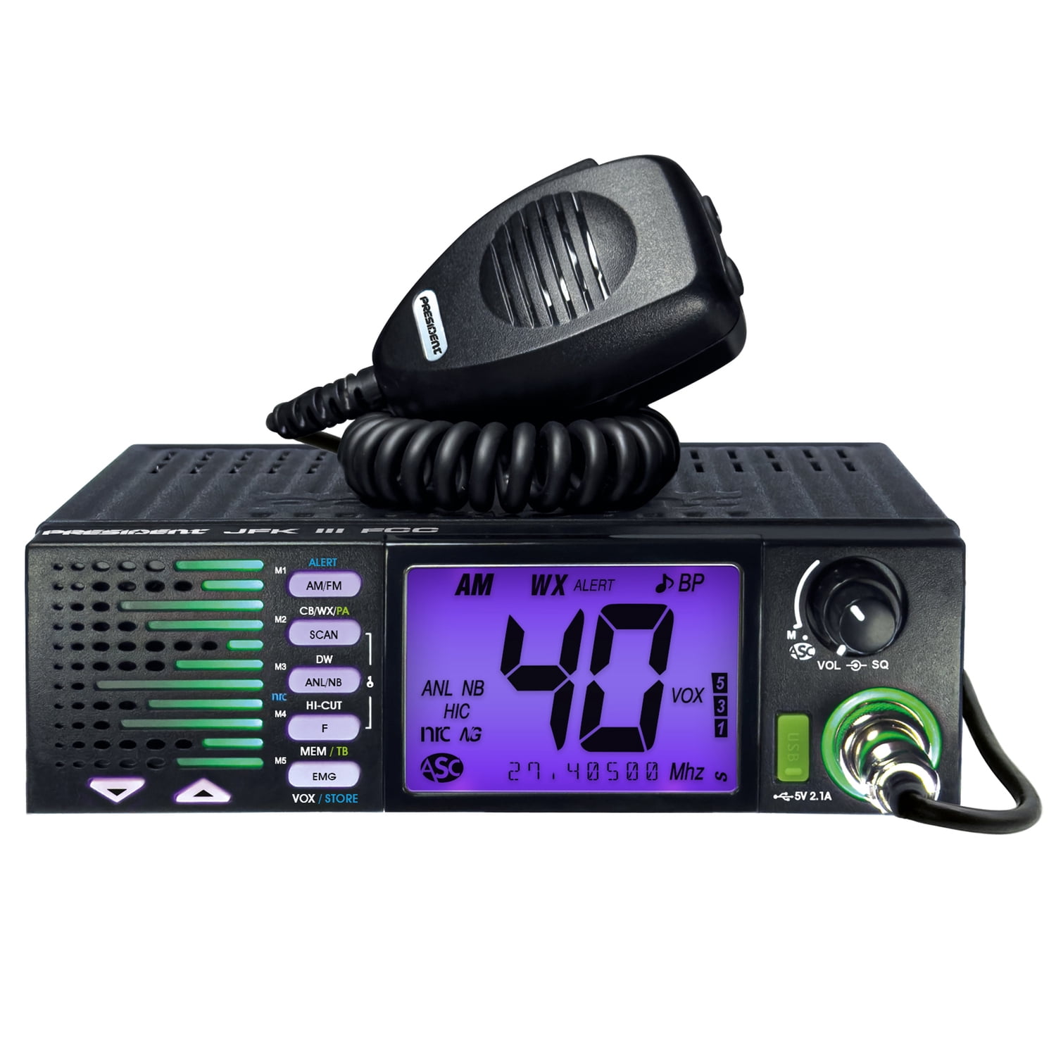 PRESIDENT TXUS910 JFK III FCC 40-Channel Trucker CB Radio with AM/FM/PA Modes, NOAA Alerts Front-Firing Flashing RX/TX Speaker, Scan Skip, USB, Mic