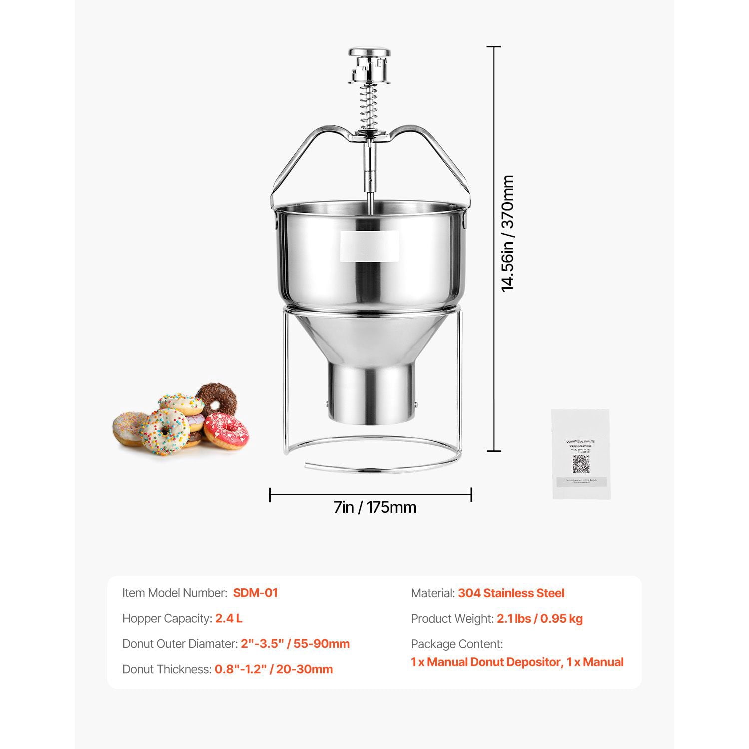 Manual Donut Depositor 2.4L Capacity 304 Stainless Steel 6 Thickness Adjustments 55-90mm Width One-Hand Operation for Restaurant Cafe Bakery
