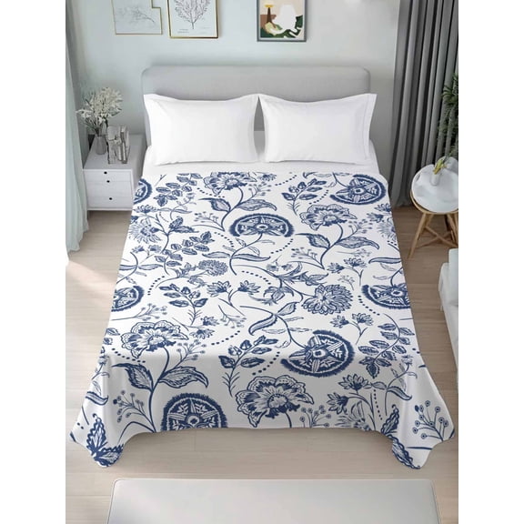 Boho Blue Floral Queen Size Flat Sheet, Wrinkleproof & Fadeproof Cooling Flat Bed Sheet Only, Vintage Farmhouse Paisley Plant Leaf Breathable Soft Bedding Top Sheets 90 x 102 Inches