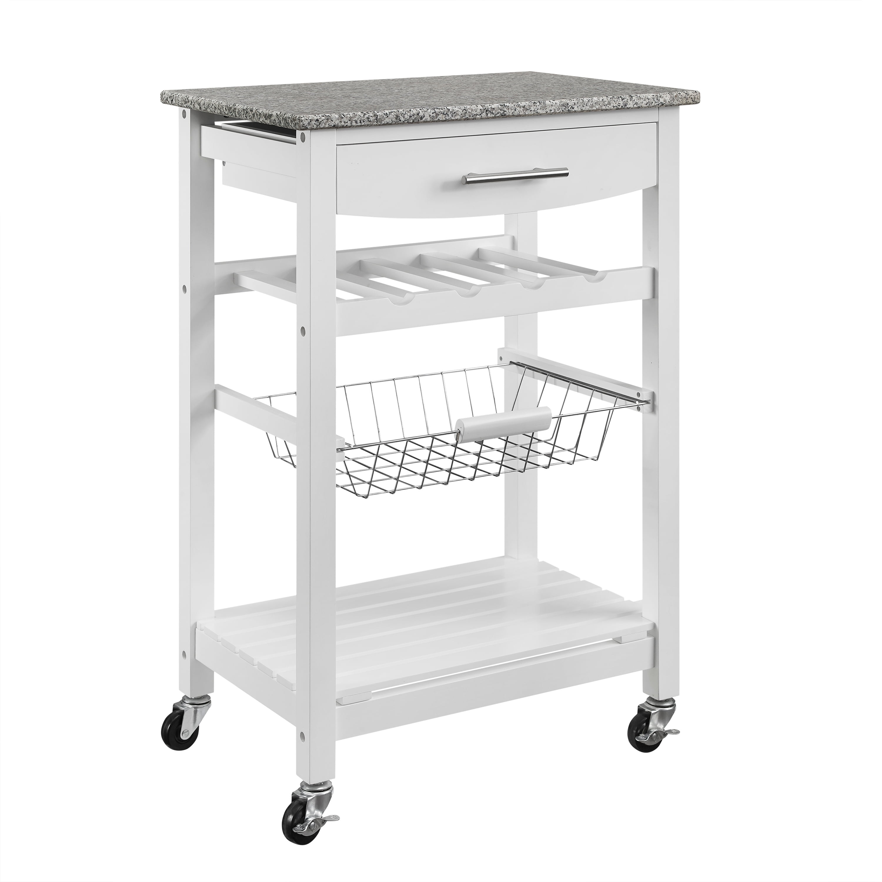 Linon Neyrey Mobile Kitchen Island, White Finish with Gray and White Speckled Granite Top