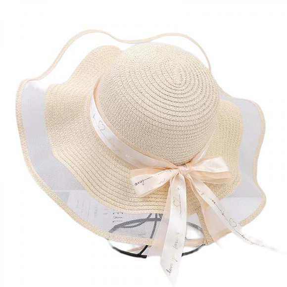 Summer Hundred Take Wave Mesh Sun Hat, Large Eaves Dome Hat Lace Bow Hat Outdoor Vacation Sunscreen Sun Hat, Rice Color