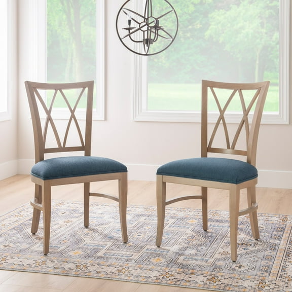 Linon Tanlsey Upholstered Dining Chair, Set of 2, Natural with Blue Fabric