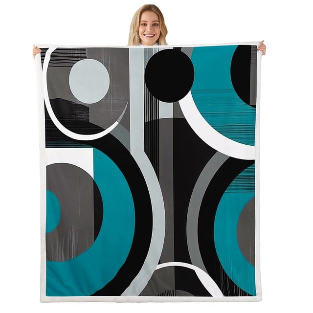 Erosebridal Abstract Striped Sherpa Blanket, Modern Geometric Fuzzy Blanket Throw, Circle Swirl Decor, 90x90