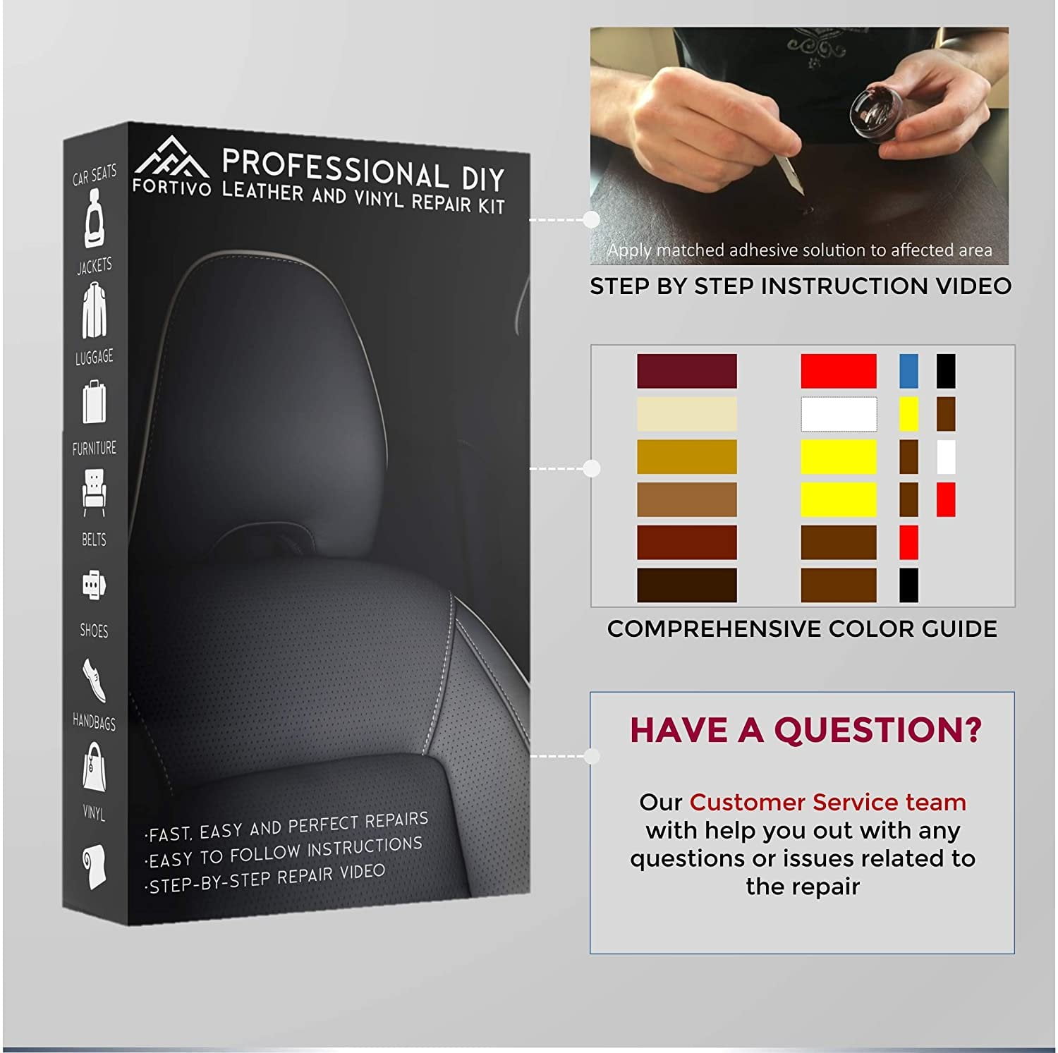 Leather and Vinyl Repair Kit - Furniture, Couch, Car Seats, Sofa, Jacket, Purse, Belt, Shoes | Genuine, Italian, Bonded, Bycast, PU,Pleather | No Heat Required | Repair & Restore
