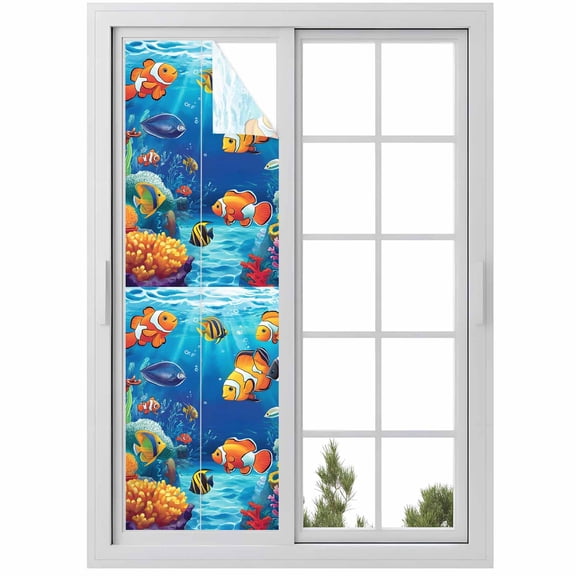 Summer Ocean Window Privacy Film Clownfish Coral Seagrass Underwater World Decorative Glass Window Film UV Blocking Static Cling Non-Adhesive Sticker Covering for Home Door 17.7 x 78.7 inches