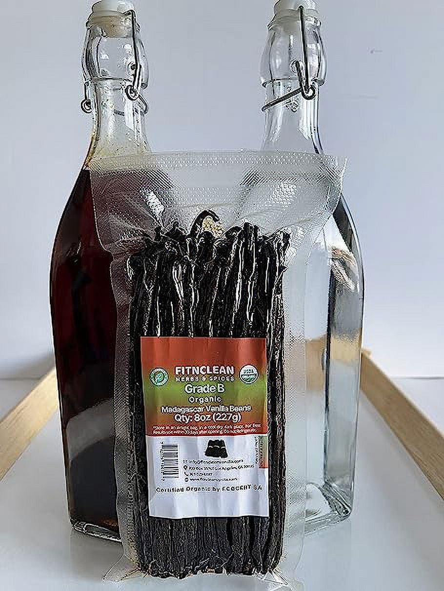 8oz Madagascar Organic Vanilla Beans Grade B for Extract. 6"-7" by FITNCLEAN VANILLA for Paste and Baking (1/2 Lb) Whole NON-GMO Pods. Certified USDA Organic