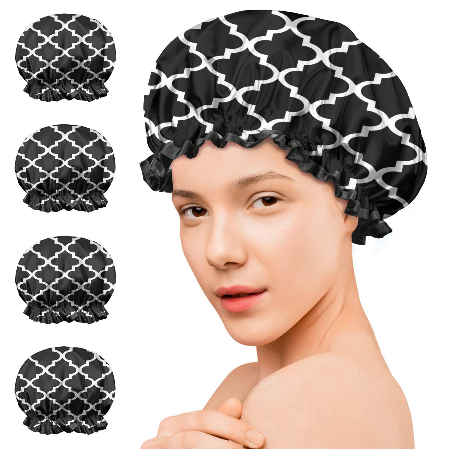 Shower Caps,Black and White Geometric Lattice Pattern Waterproof Shower Cap for Women 4 Pieces,Double Reusable Hair Cover for Shower PEVA Elastic Stretch Hem