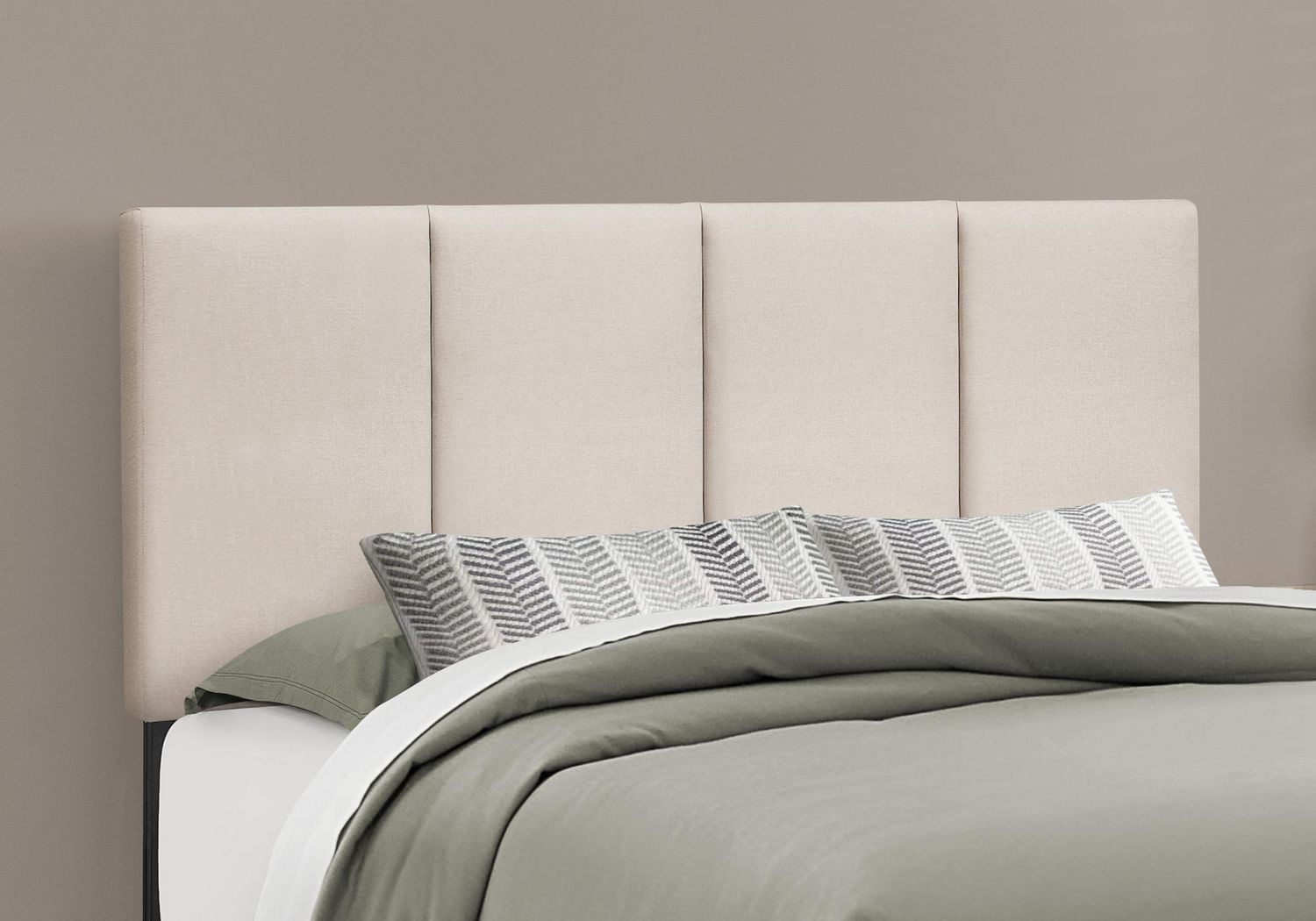 Monarch Specialties Bed, Queen Size, Platform, Bedroom, Frame, Upholstered, Linen Look, Wood Legs, Beige, Black, Transitional
