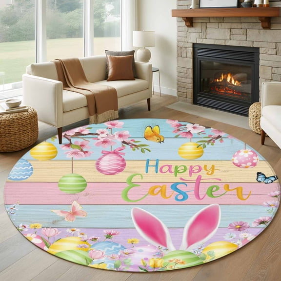 Round Rugs 5Ft, Colorful Easter Round Area Rug Washable Indoor Throw Carpet, Spring Watercolor Bunny Egg Flower Wood Grain Soft Non Slip Circle Rug for Cabinet Bathroom Home Decor Aesthetic