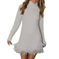thumbnail image 2 of Women's Fall Winter Fringed High Neck Knit Sweater Dress, Fashionable and Chic Sweater Dress with Fringe Details for a Trendy Casual Appearance,White,L, 2 of 4
