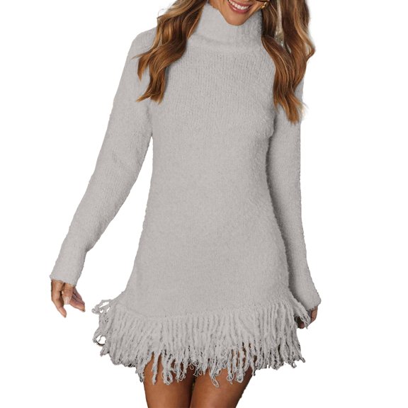 WTOBBY Women's Fringed Fashion Knit Sweater High-Neck Sweater Dress Long Sleeve Warm Knitted Tunic Style Dress for Fall Winter Season,White S