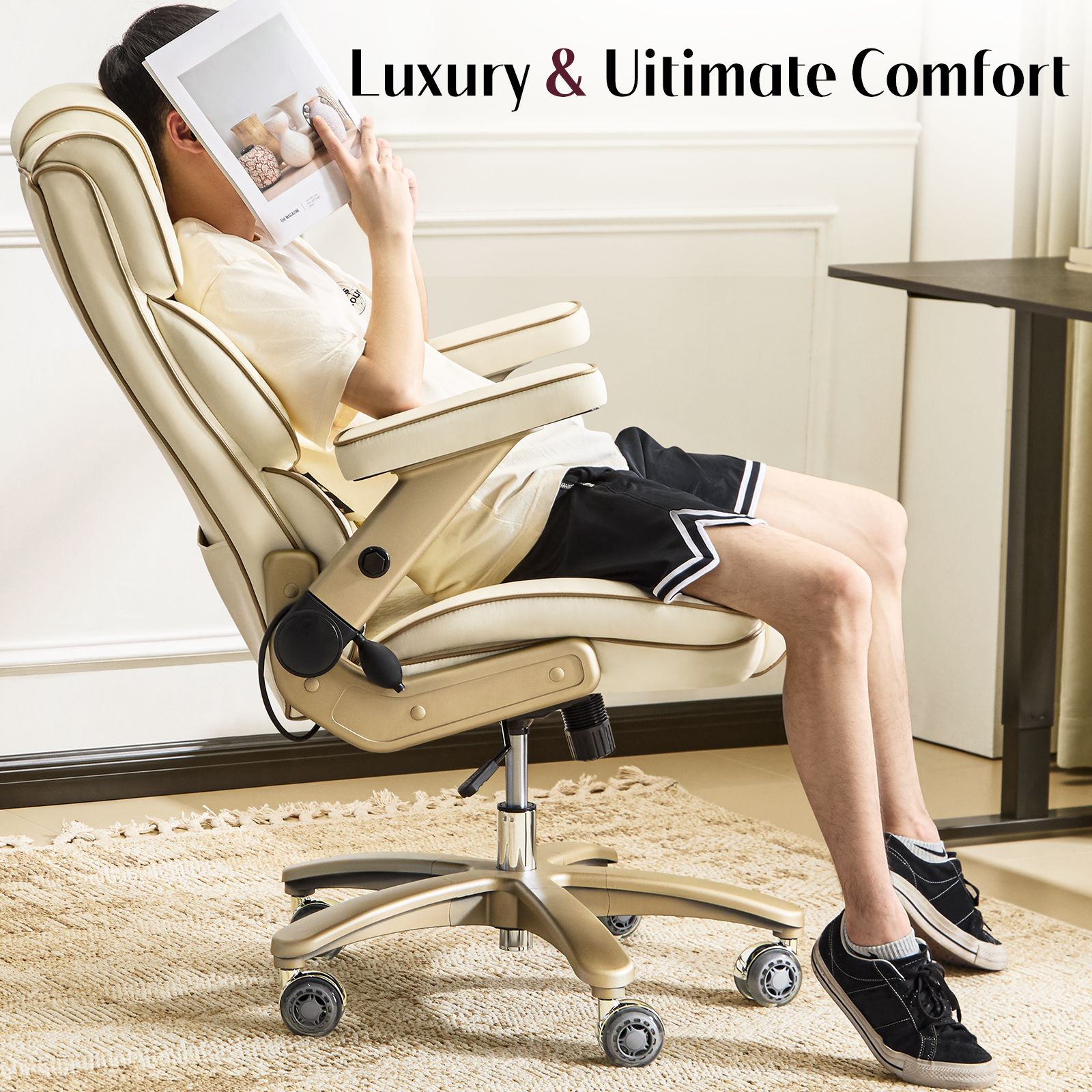 Falvinoryn Big and Tall Office Chair 500LBS, Ergonomic High Back Executive Office Chair, Adjustable Lumbar Support, Flip Arms, Locking Wheels Large Computer Desk Chair, Beige