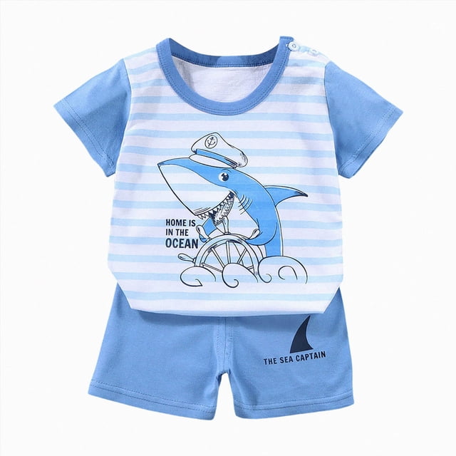 COMVALUE Animals Graphic T-Shirt Shorts Set (Sky Blue, 6-12 Months)