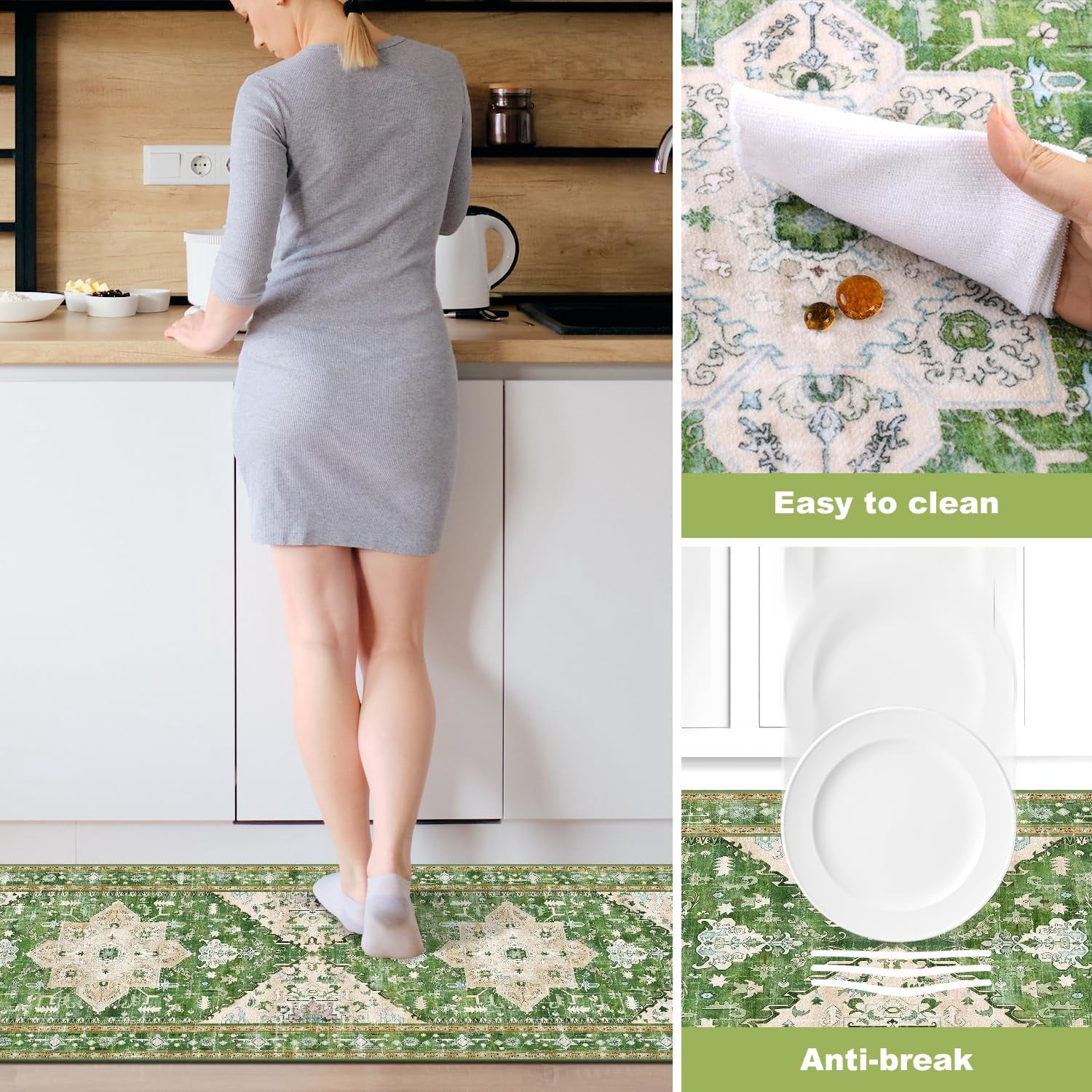 Boho Washable Kitchen Rugs Sets of 3, Non Slip Kitchen Mats for Floor with Rubber Backing, Waterproof & Stain Resistant Thick Carpet Runner Throw Rug for Kitchen, Laundry Room, Hallway, Green