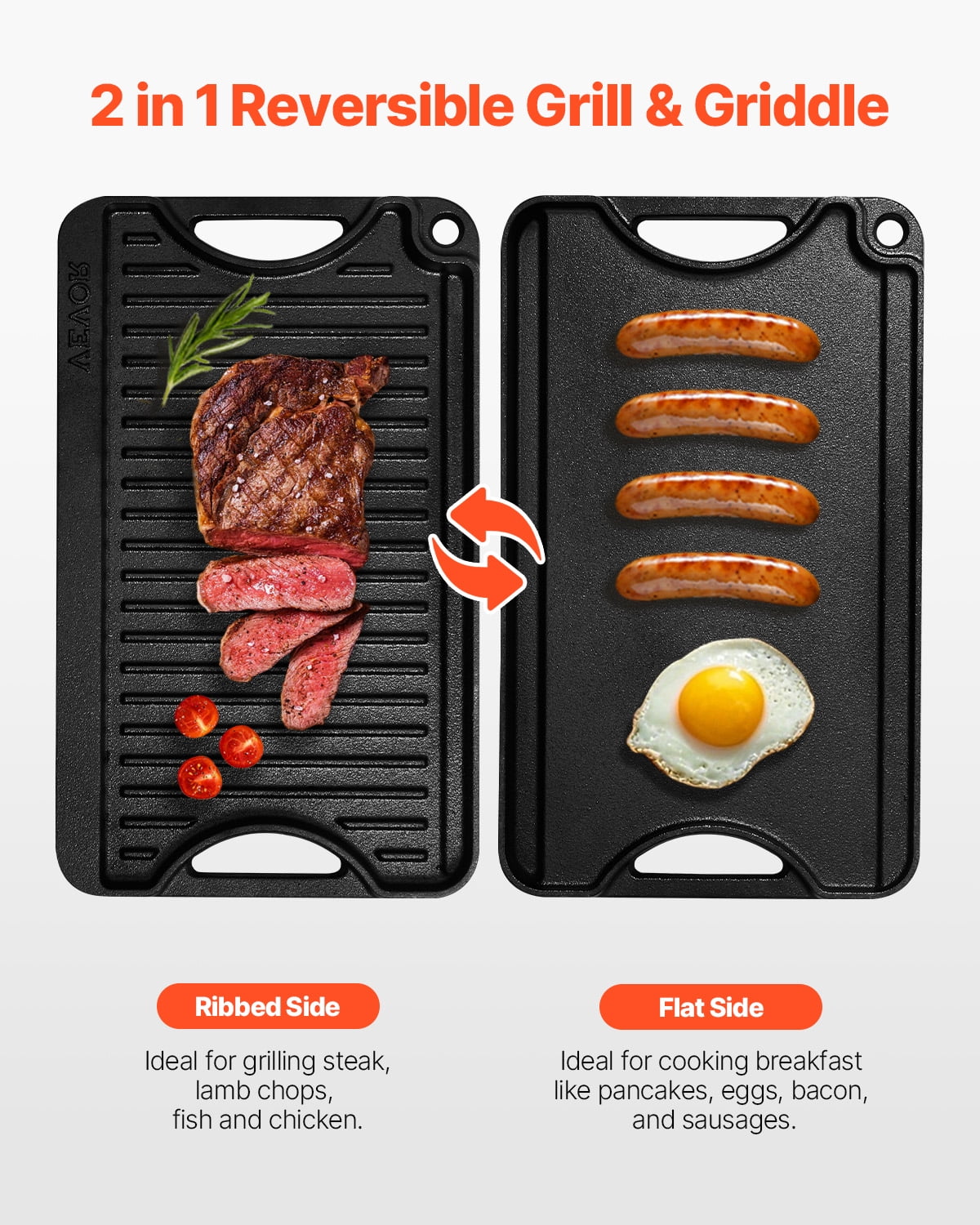 VEVOR Reversible Grill/Griddle, 14x8.5 inch Pre-Seasoned Cast Iron Griddle, Portable Rectangular Pan with Handle, Family Cookware for Indoor/Outdoor Stove Top Burner, Gas, Camping BBQ, Black