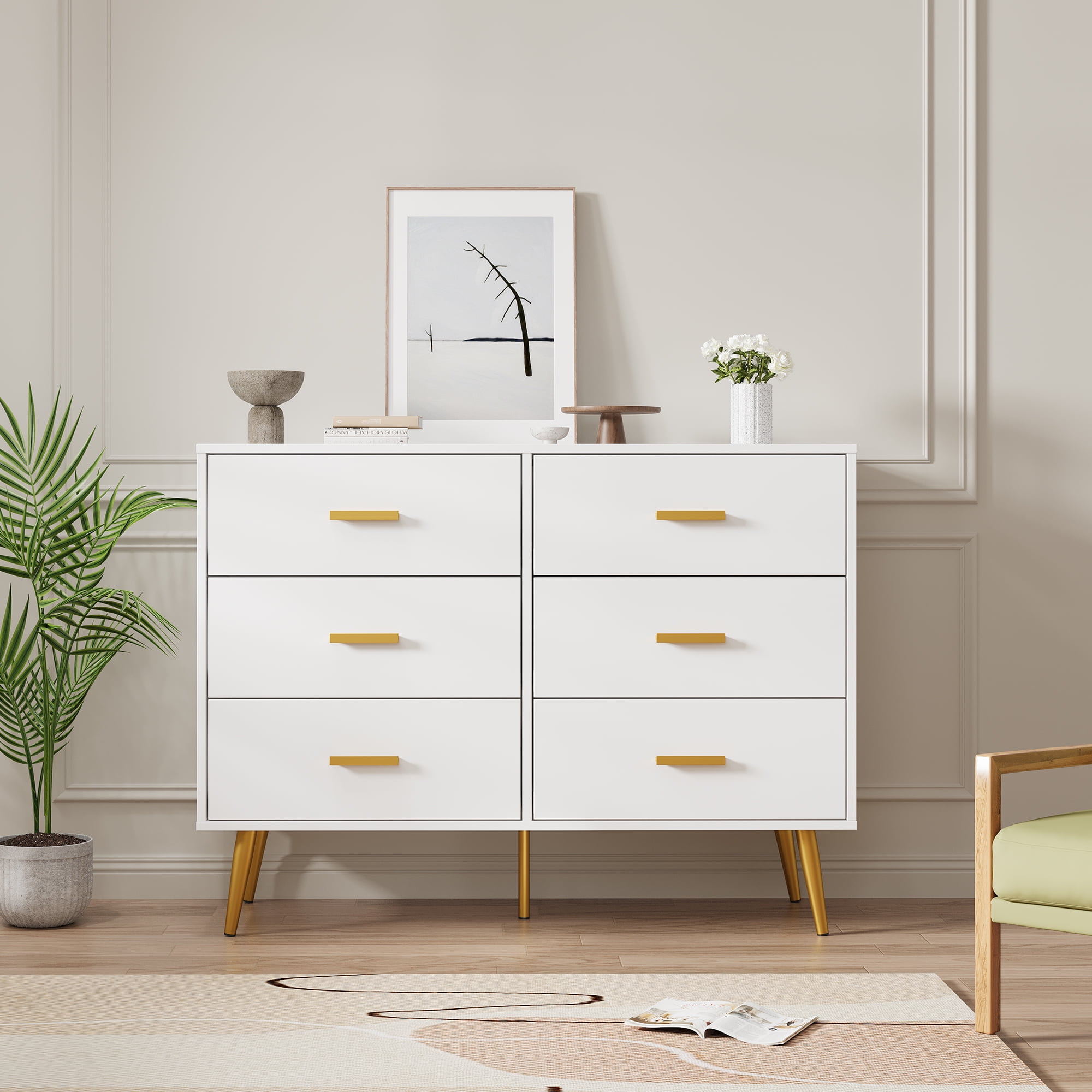 Kicctian Wooden Dresser Chest of Drawers, 6-Drawer Storage Cabinet with Gold Handles, Bedroom Dresser for Living Room, Hallway, Entryway Organizer,White