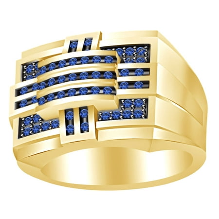 - Round Cut Simulated Blue Sapphire Men's Band Ring In 14k Yellow Gold Over Sterling Silver Ring Size 10.5