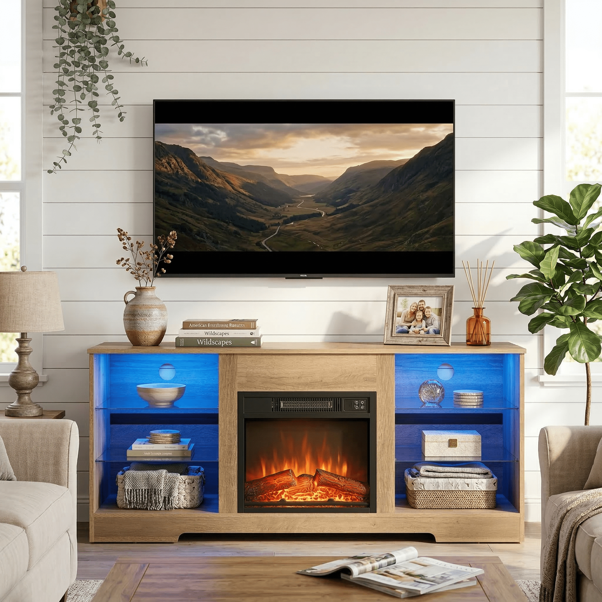 Homy Casa 58 Inch Electric Fireplace TV Stand for 65 Inch TV with Storage Cabinets, LED Flame and Power Outlets
