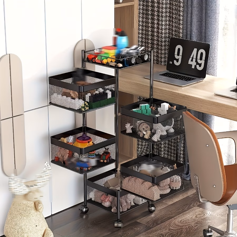 5-Tier Rotating Metal Storage Shelf on Wheels – Multi-Layer Fruit & Vegetable Basket Trolley, Square Floor-Standing Utility Cart for Kitchen, Bathroom, Garage