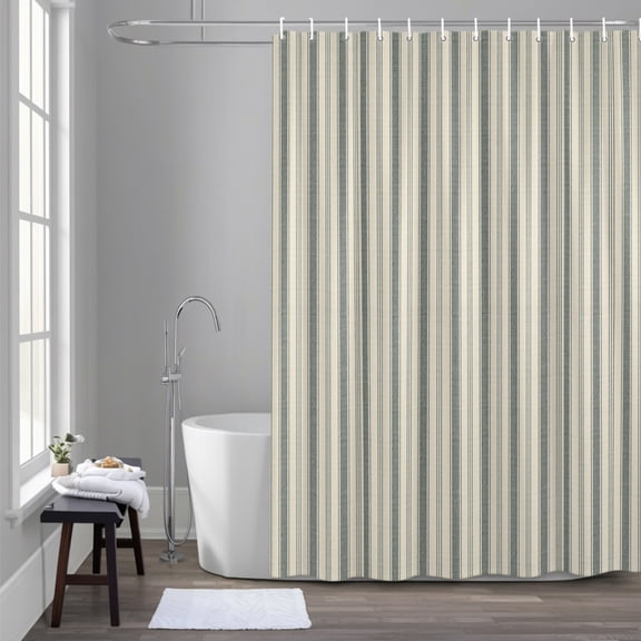 Vertical Stripe 72x72 Inches Waterproof Shower Curtain, Minimalist Green Beige Band Line Linen Texture Bath Curtain Set with 12 Hooks Washable Shower Curtains for Bathroom Bathtub Decor