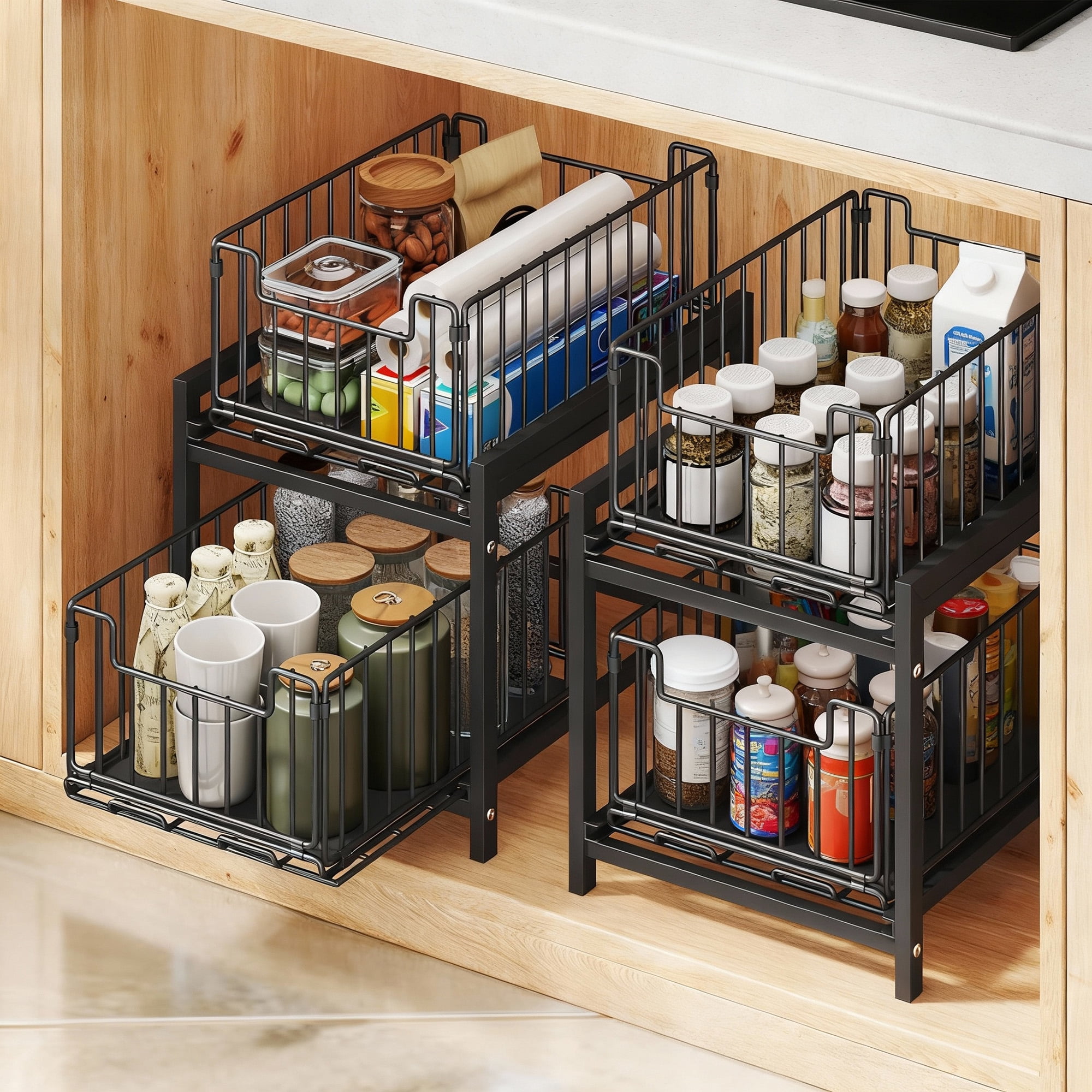 2 Tier Under Sink Organizer Rack, Pull Out Cabinet Organizer, Slide Out Sink Shelf for Kitchen & Bathroom, Black