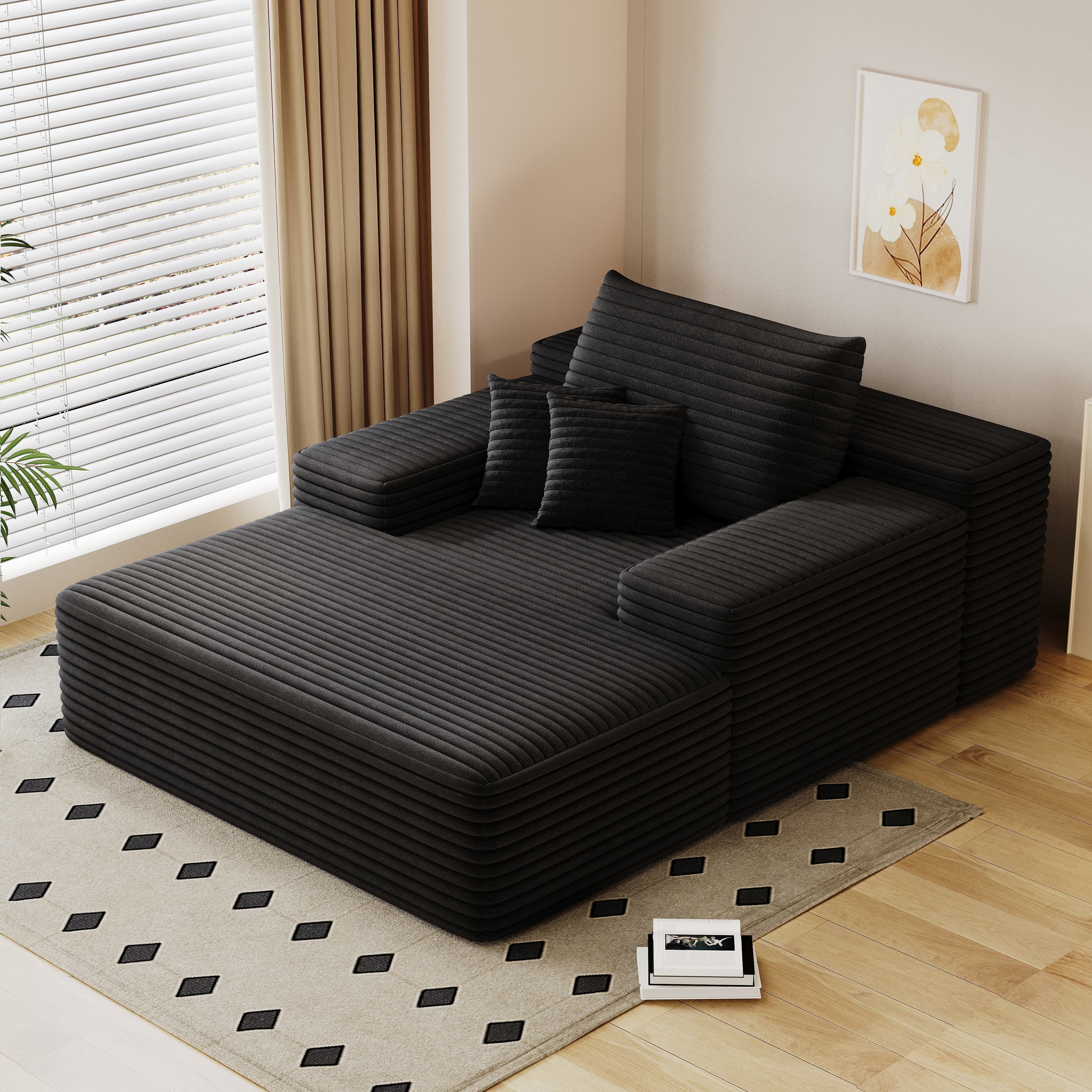 Leumius Oversized Chaise Lounge Chair Indoor Furniture, No Assembly Required, Plush Corduroy Upholstered Sofa Bed Cozy Sleeper Couch for Living Room, Bedroom, Black