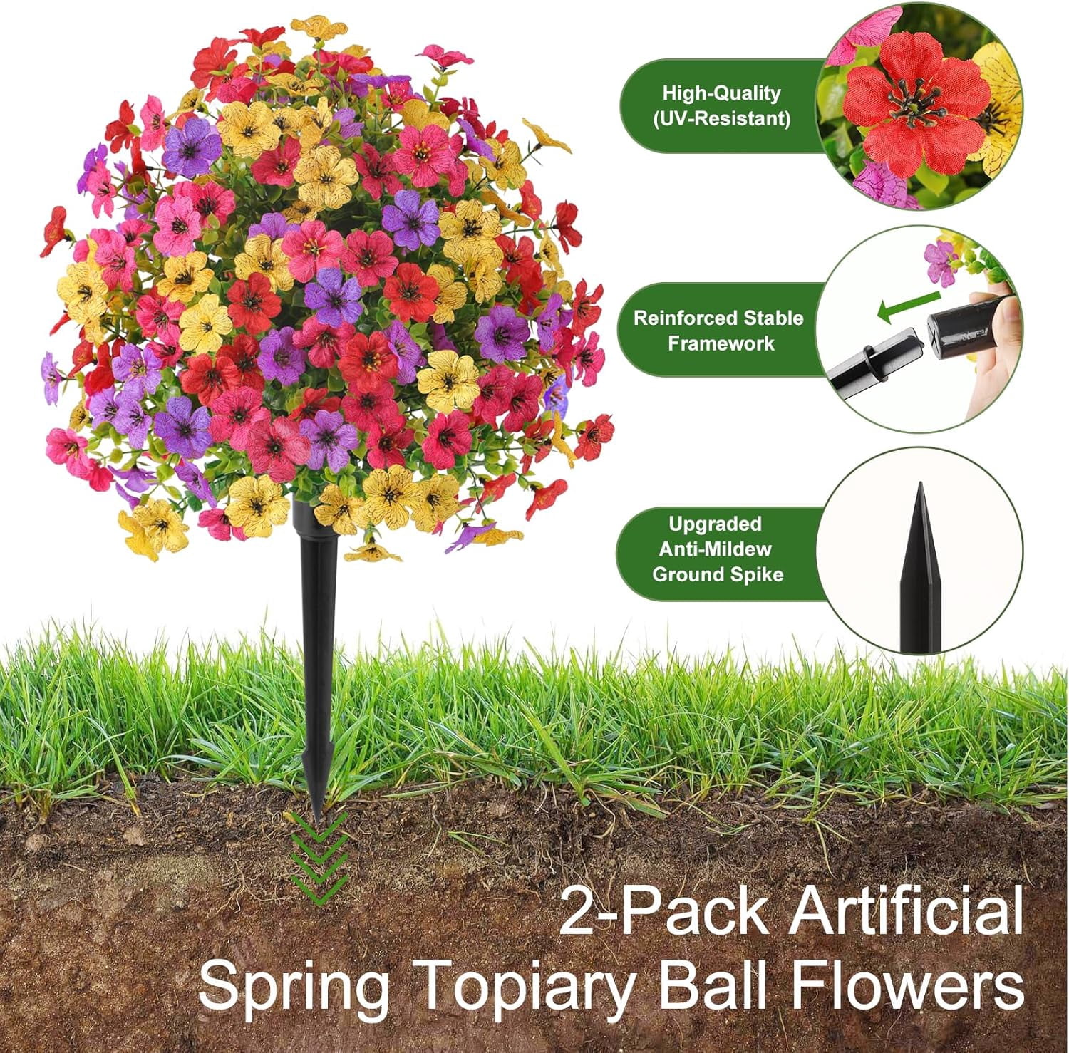 2Pcs 20" Artificial Topiary Ball Flowers For Outdoors Planters, Spring Decoration with Spike, UV Resistant Faux Summer Plants, Fake Bushes Indoor Decor, Mix 4 Colors for Garden