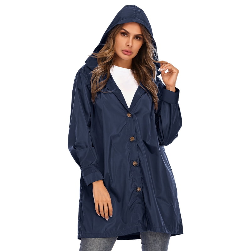 Womens Waterproof Rain Jacket Lightweight Hooded Windbreaker Outdoor Trench Raincoat