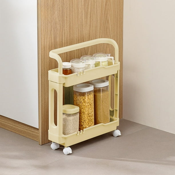 Mueble de baño estrecho | Mueble auxiliar delgado para espacios reducidos | Organizador de estantes de acero inoxidable de 2 niveles | 54 x 43 x 13 cm | Carrito con ruedas multicolor y bloqueo