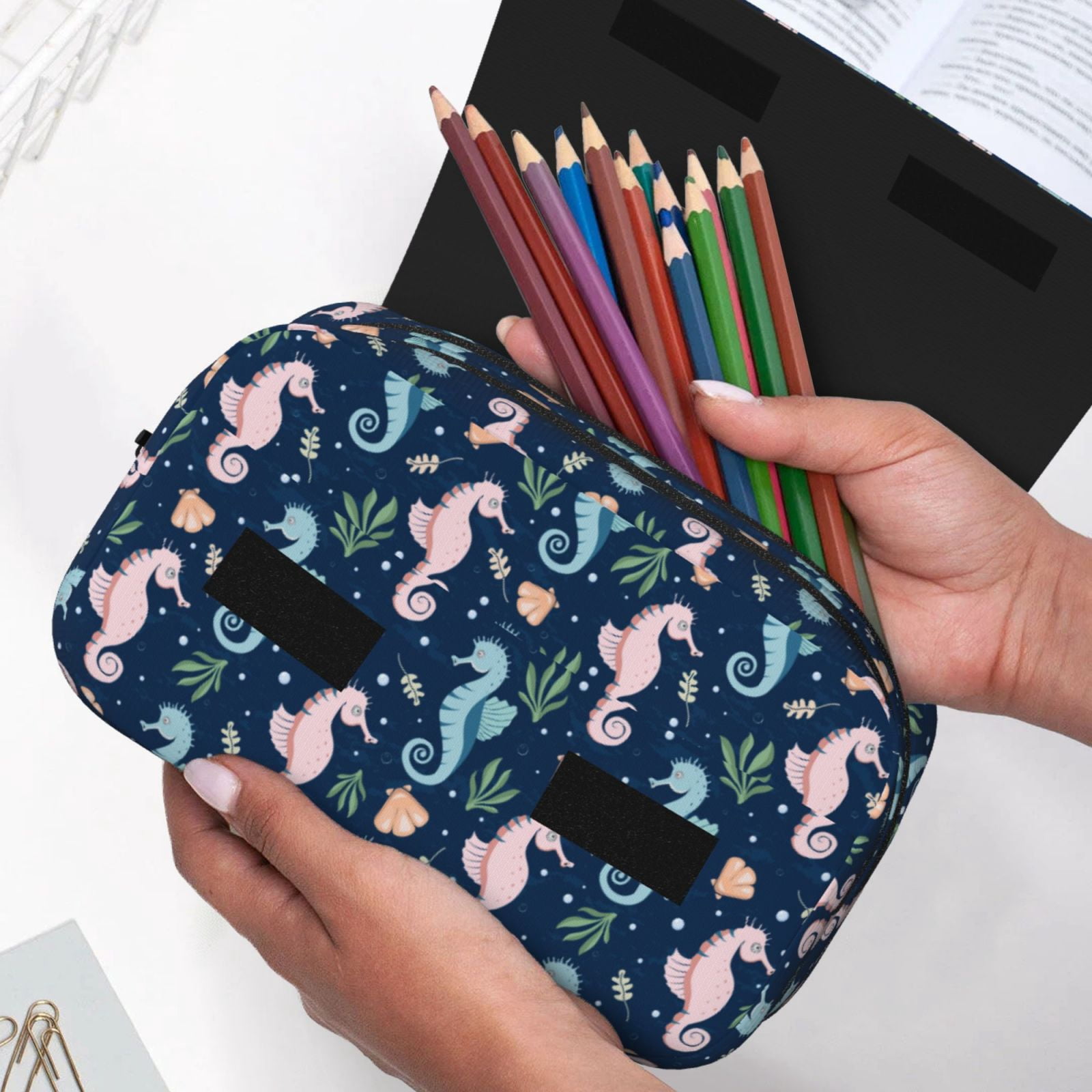Rateoe Seahorses And Plants Pattern Double Clamshell Pen Case, Storage Organizer with Two Zipper Compartments– Holds Up to 50 Pencils & Pens